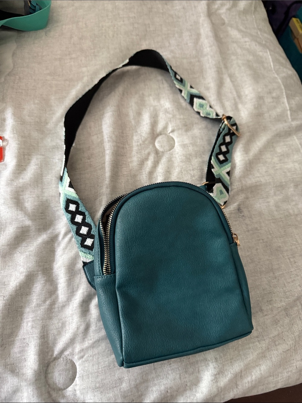Teal Crossbody Bag with Patterned Strap